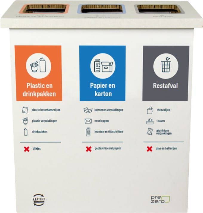Kartonnen eco bin drie vakken - Plastic/drinkpakken - Papier/karton - Rest - 60 L prullenbak | Andere bedrukking mogelijk - Kartent