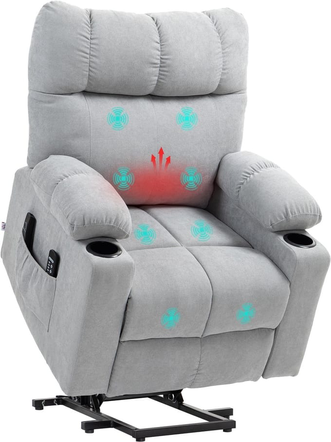 HOMCOM Multifunctionele Elektrische Opsta-Stoel Polyester, Metaal 91L x 95B x 109H cm Lichtgrijs