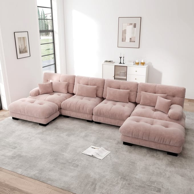 MODFU Modulaire Bank - Verplaatsbare Ottoman En Diepe Zitting - Modern - Voor Woonkamer - Chenille - Roze