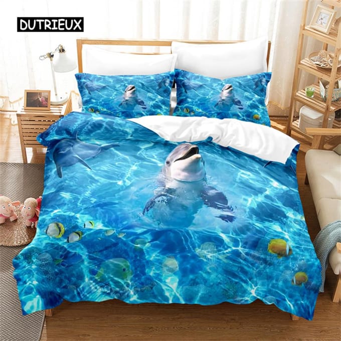 Blauwe Dolfijn Design Beddengoed Set Dekbedovertrek Set 3d Beddengoed Digitale Print Bedlinnen Queen Size Beddengoed Set Mode Design EU single(135x200cm)