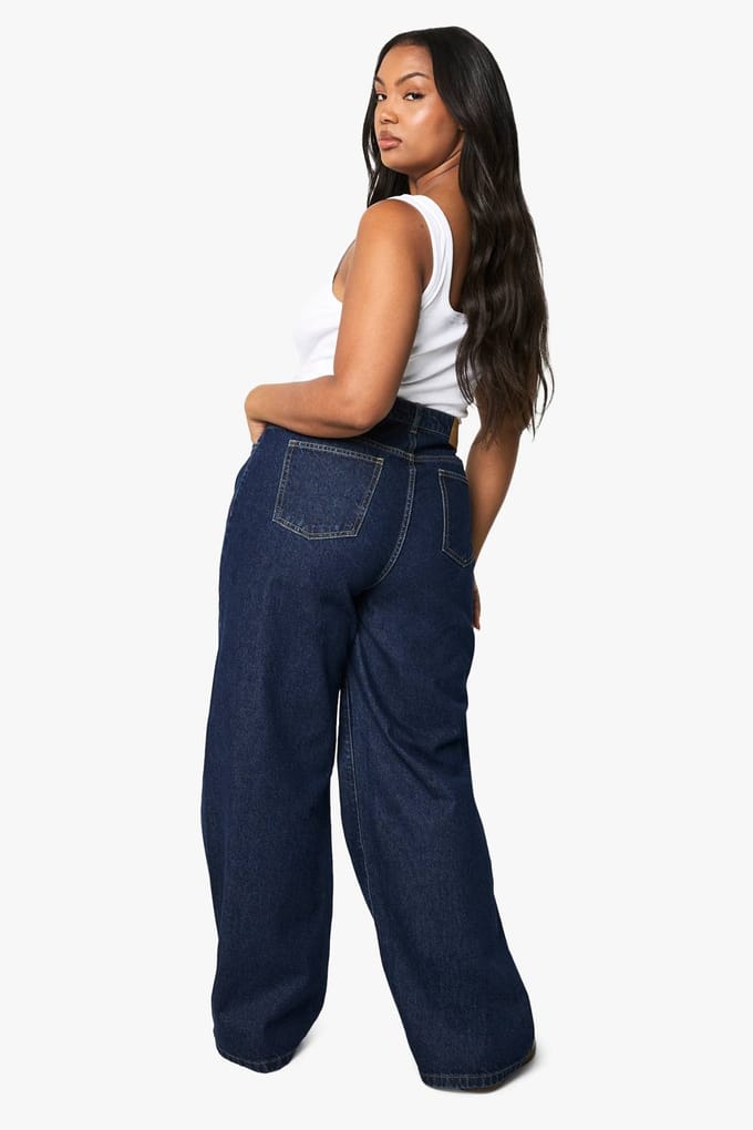 Dames Boohoo Basics Plus Basics Hoge Taille Wijde Pijpen Jeans | Indigo | Maat: 44