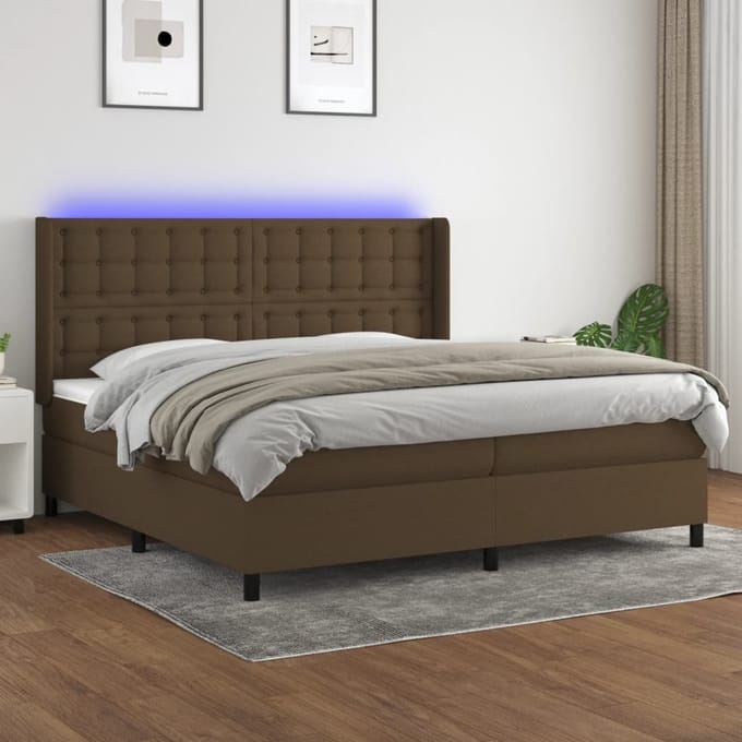 vidaXL - Boxspring - met - matras - en - LED - stof - donkerbruin - 200x200 - cm