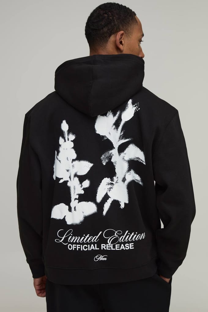 Oversized Hoodie Met Man-opschrift En Bloemenprint Voor Heren | Black | Size Medium