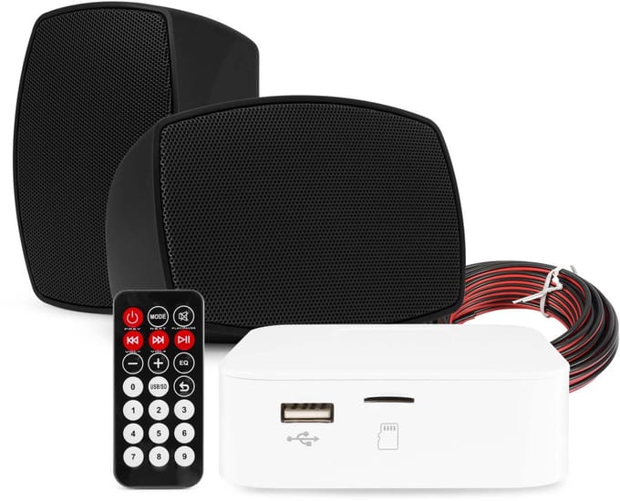 Power Dynamics set van 2 waterdichte buiten speakers met Bluetooth versterker - Zwart