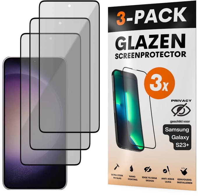 Privacy Screenprotector - Geschikt voor Samsung Galaxy S23+ - Gehard Glas - Full Cover Tempered Privacy Glass - Case Friendly - 3 Pack
