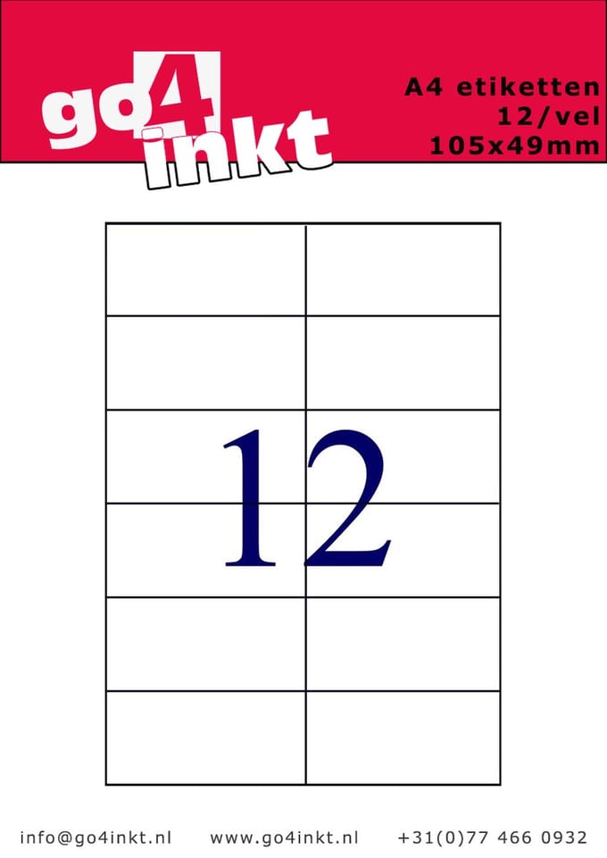 Go4inkt A4 Etiketten 12/vel 105mm x 48mm (100 vel) stickervellen wit
