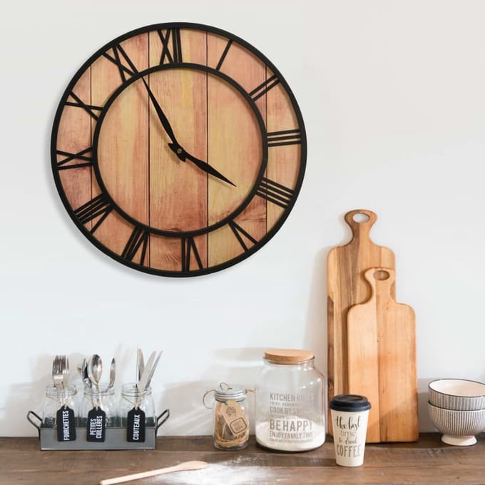 vidaXL - Wandklok - 39 - cm - MDF - en - ijzer - bruin - en - zwart