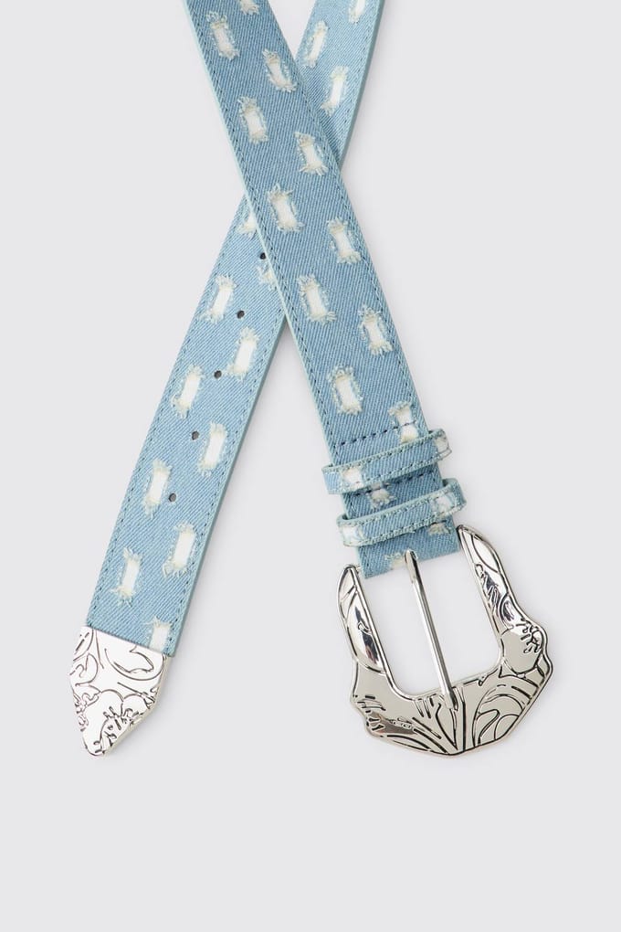 PU Denim Western Buckle Belt | Denim Blue | Size XL