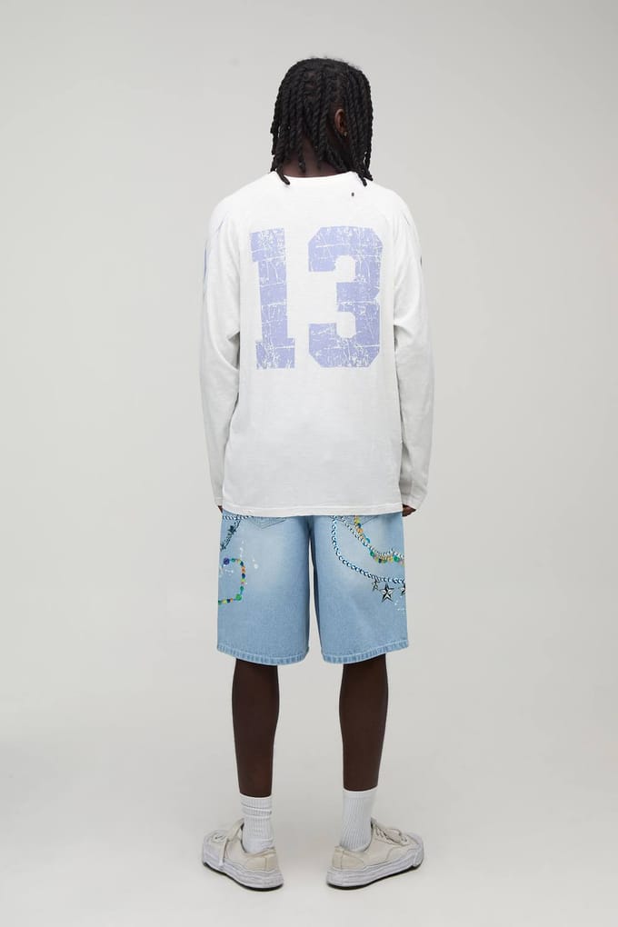Baggy Denim Shorts Met Verfspetters En Kettingprint Gewassen | Light Blue | Size 32