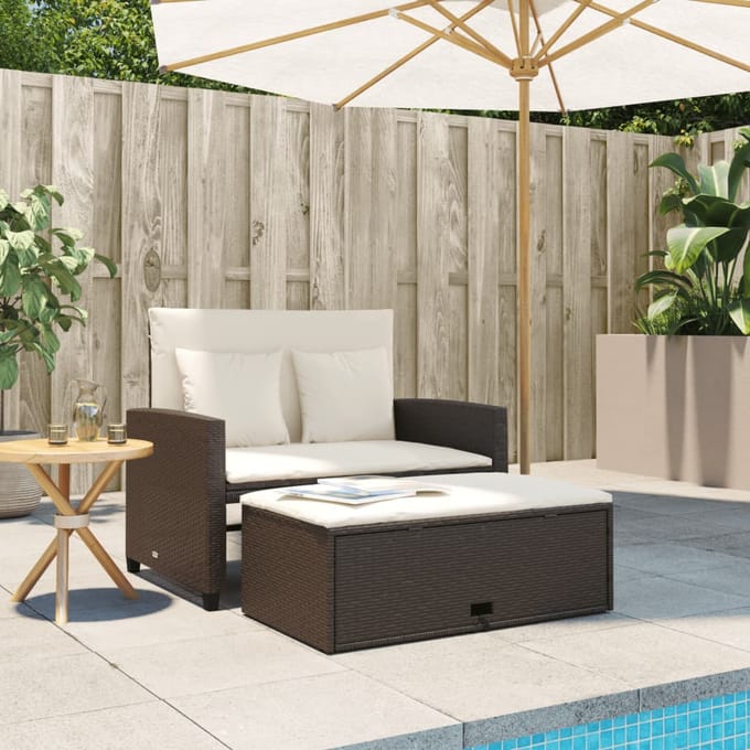 vidaXL - Tuinbank - 2-zits - met - kussens - poly - rattan - bruin