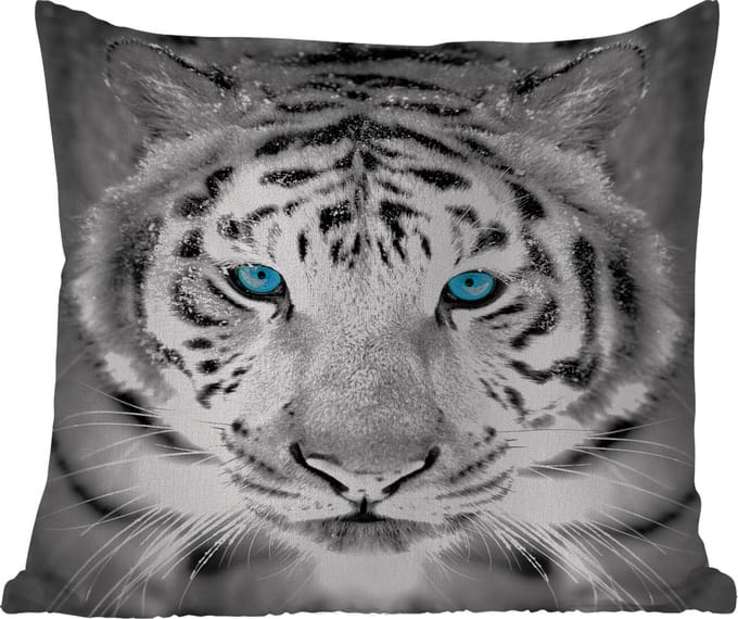 Sierkussen Buiten - Dieren - Tijger - Ogen - Blauw - Zwart wit - 60x60 cm - Weerbestendig