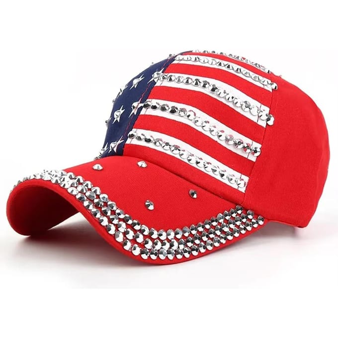 Casquette de Baseball Unisexe Drapeau USA Rivets Diamantés Snapback Réglable Chapeau Mode Gorras Adjustable red