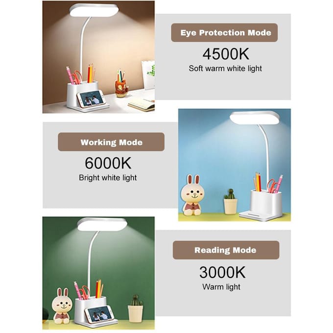 Bureaulamp met Pennenhouder Verstelbare Zwanenhals Leeslamp met 3 Lichtstanden Oplaadbare LED wit