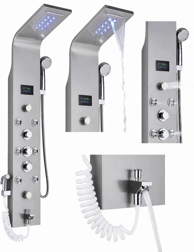 Merkloos Douchepaneel LED Waterval Hydromassage Temperatuurweergave Nikkel