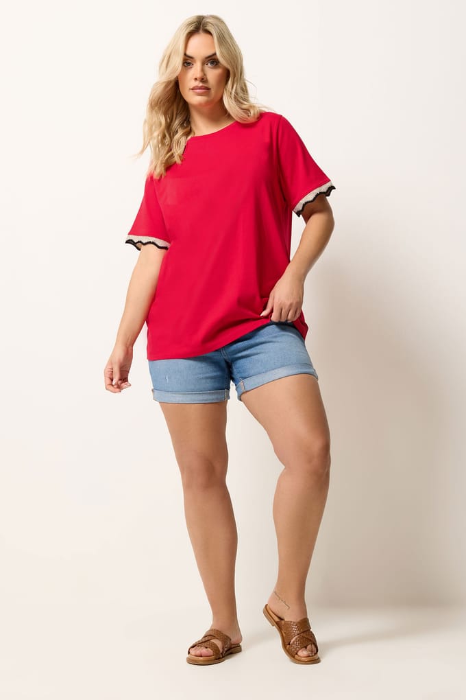 Yours Rood Metallic Tshirt Met Gehaakte Rand Size 42