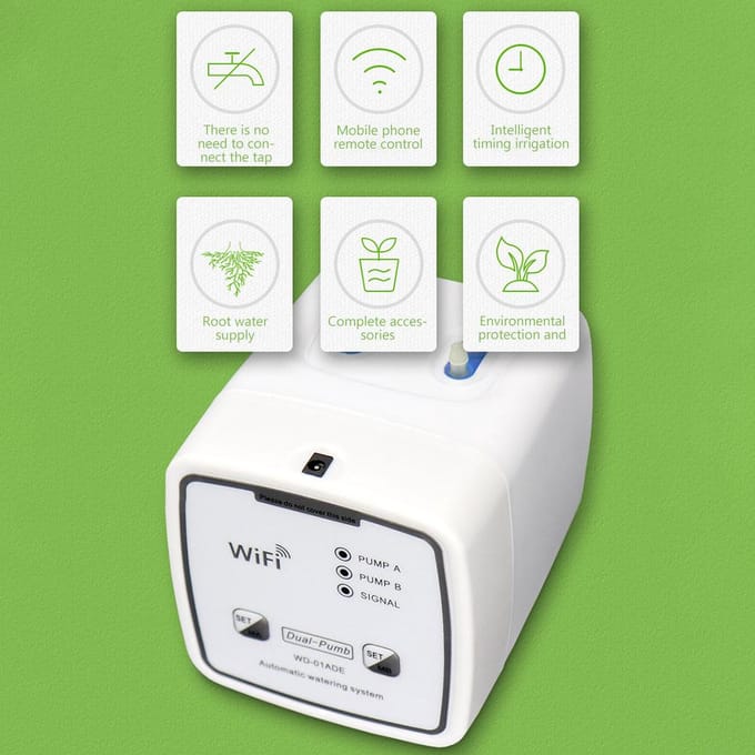 Système d'arrosage intelligent à double pompe Wi-Fi, minuterie d'arrosage automatique intelligente, arrosage télécommandé Pump 20 pot UK white