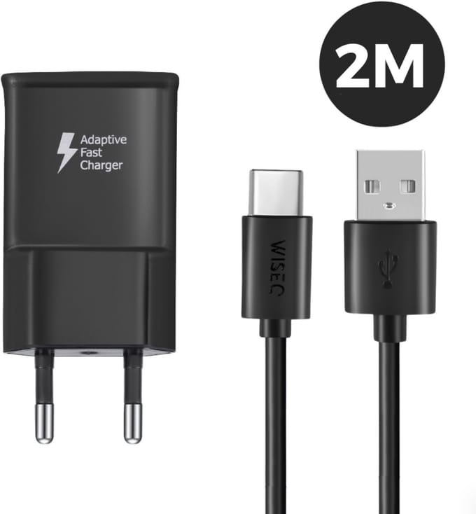 WISEQ Oplader voor Samsung inclusief USB C oplaadkabel - 2 meter - Smart Fast Charger – zwart