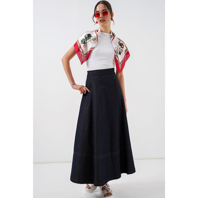 Hoge Taille Denim A-Lijn Maxi Rok met Zakken