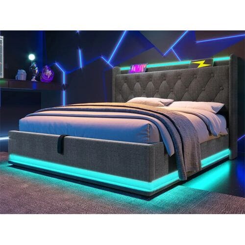 ModernLuxe Linnenbed van 140x200 cm - met LED- en USB- en Type-C-aansluitingen - Grijs