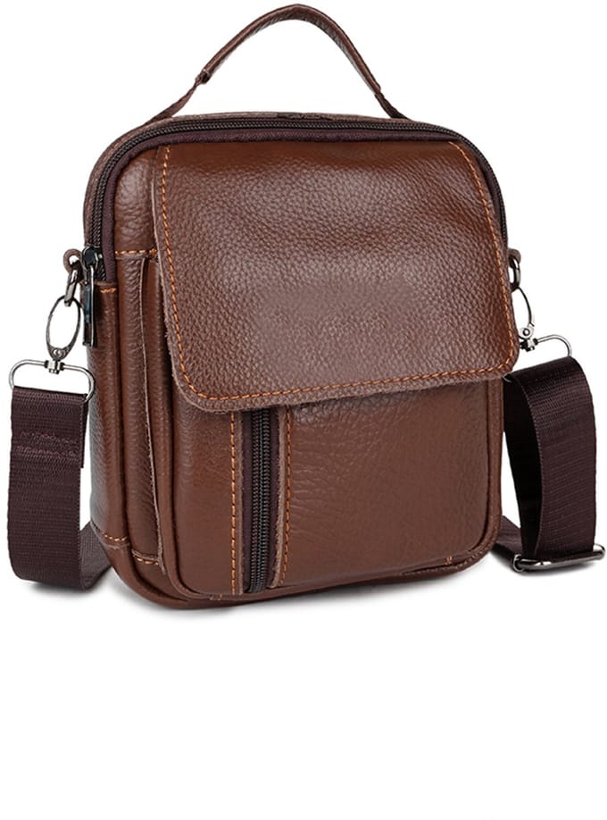 Heren Tas Leer Met Ritssluiting En Schouderband, kleur BRUIN