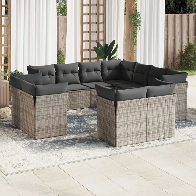 vidaXL 11-delige Loungeset met kussens poly rattan grijs