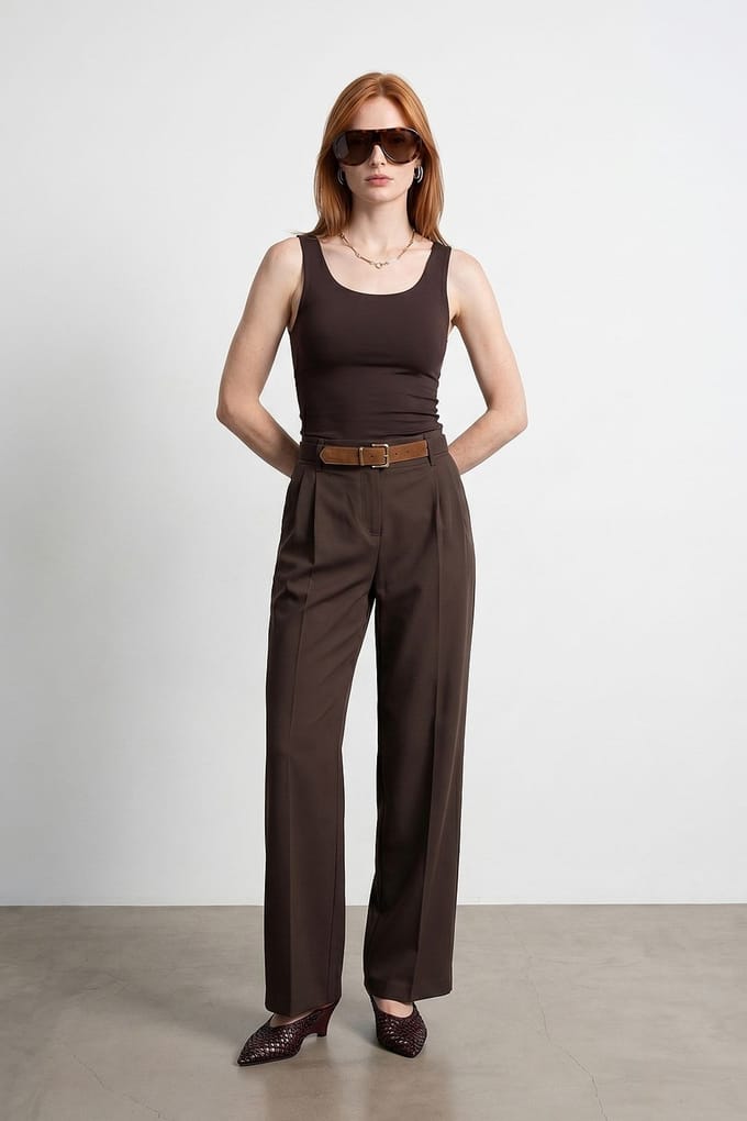 Brede-Pijpen Gecoate Trousers met Ceintuur