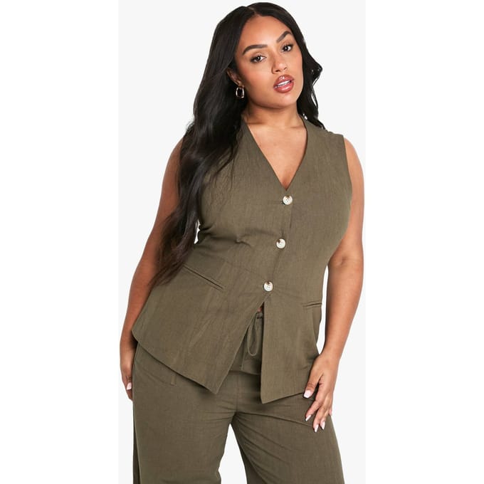 boohoo Dames Plus Halter Textured Linen Look Hesje | Kaki | Maat: 44