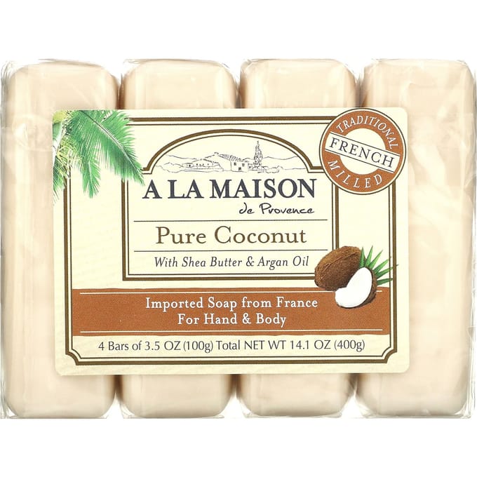 A La Maison de Provence, Savon en barre pour les mains et le corps, Noix de coco pure, 4 paquets, 3,5 oz chacun beige