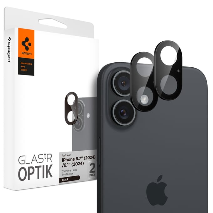 Spigen GLAStR Optik Camera Lens Protector - Camera eiland bescherming (2-pack) voor de Apple iPhone 16 / 16 Plus - Zwart