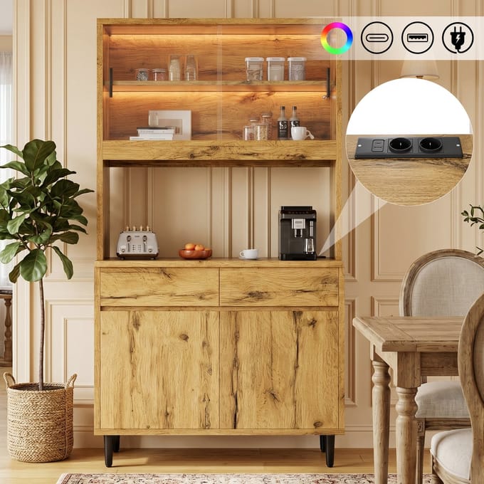 Clruro Buffetkast - 100 × 40 × 185 cm - Hoog met LED, Stopcontact en USB - Eiken
