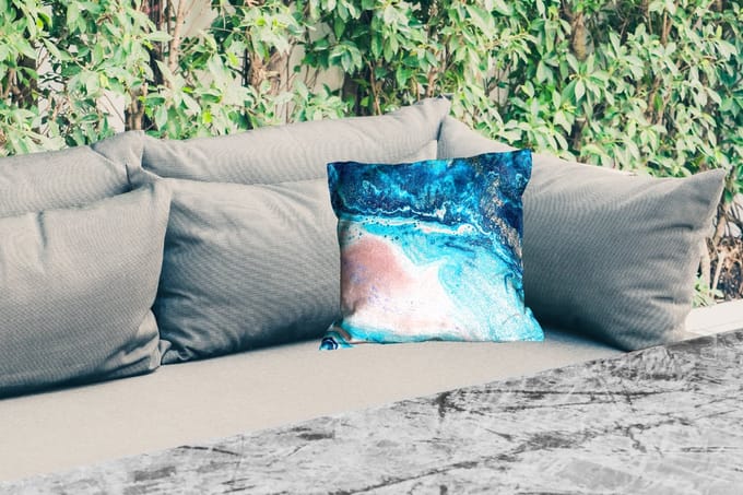 Tuinkussen - Marmerlook - Blauw - Goud - Luxe - Glitter - Marmer - 40x40 cm - Weerbestendig