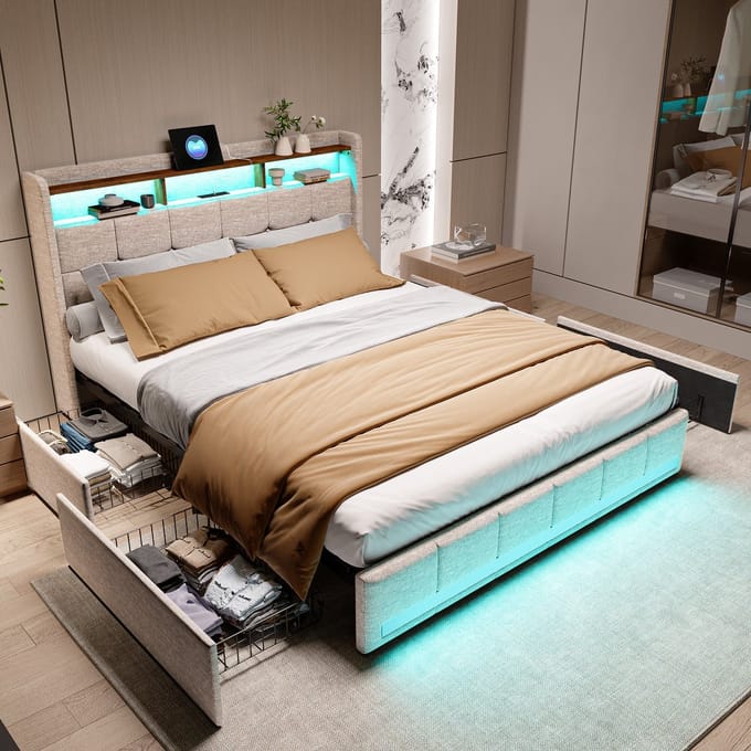Tweepersoonsbed 140x190 cm Beige – Stoffen Bed, LED, 4 Lade, 2x USB + 1x Type-C, Opbergruimte