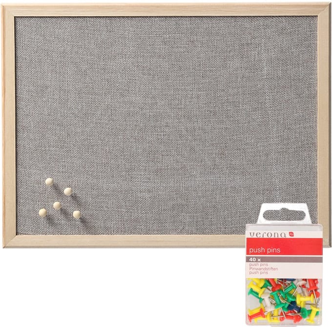 Prikbord incl. 40x punaises gekleurd - textiel - 40 x 60 cm - lichtgrijs