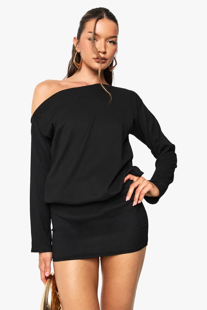 boohoo Dames Off the Shoulder Lang Mouw Bodycon Mini Jurk | Zwart | Maat: 36
