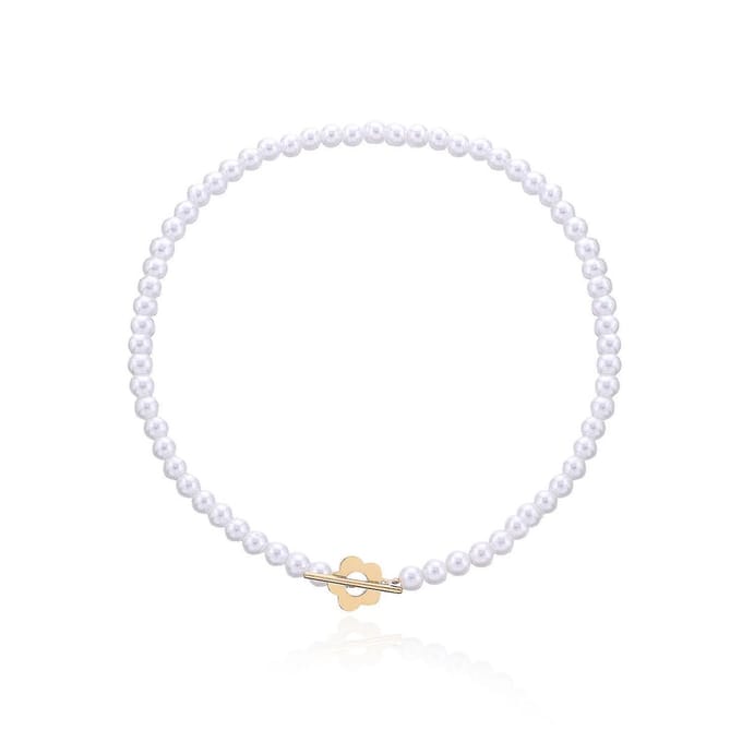 Parelketting - Choker - Zichtbare sluiting - Bloem - Parels - Houtje-touwtje sluiting
