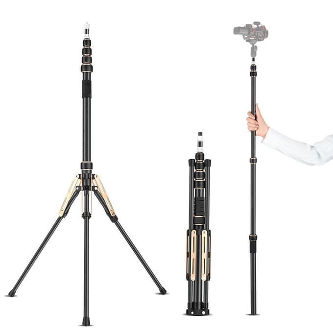 222cm/87.4in Draagbare Statief Stand Videolamp Statief Koolstofvezel 5-delig Verstelbaar 3kg/6.6lbs zwart