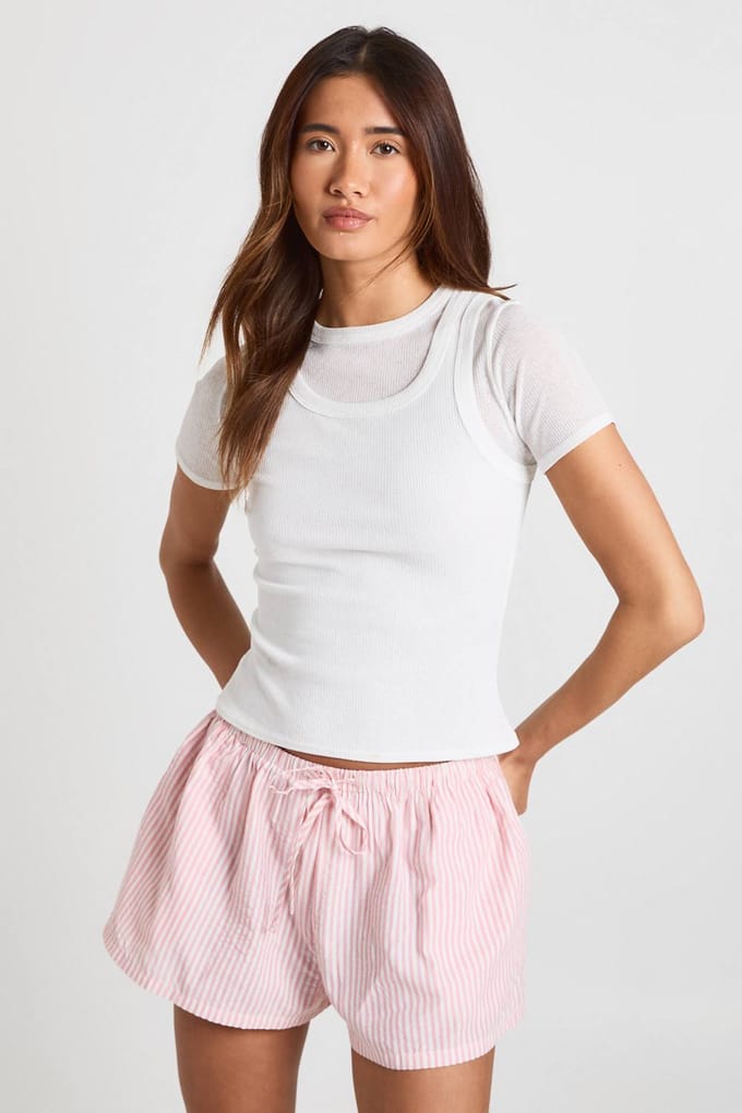 boohoo Dames Gestreepte Seersucker Shorts Met Elastische Taille | Roze | Maat: 36