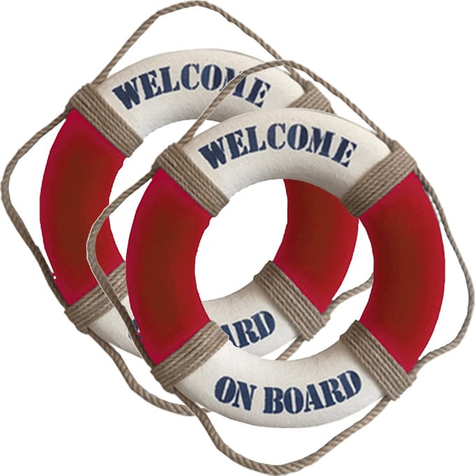 Gerkimex Reddingsboei - 2x - Welcome on board - 25 cm - rood/wit - kunststof - maritiem thema decoratie