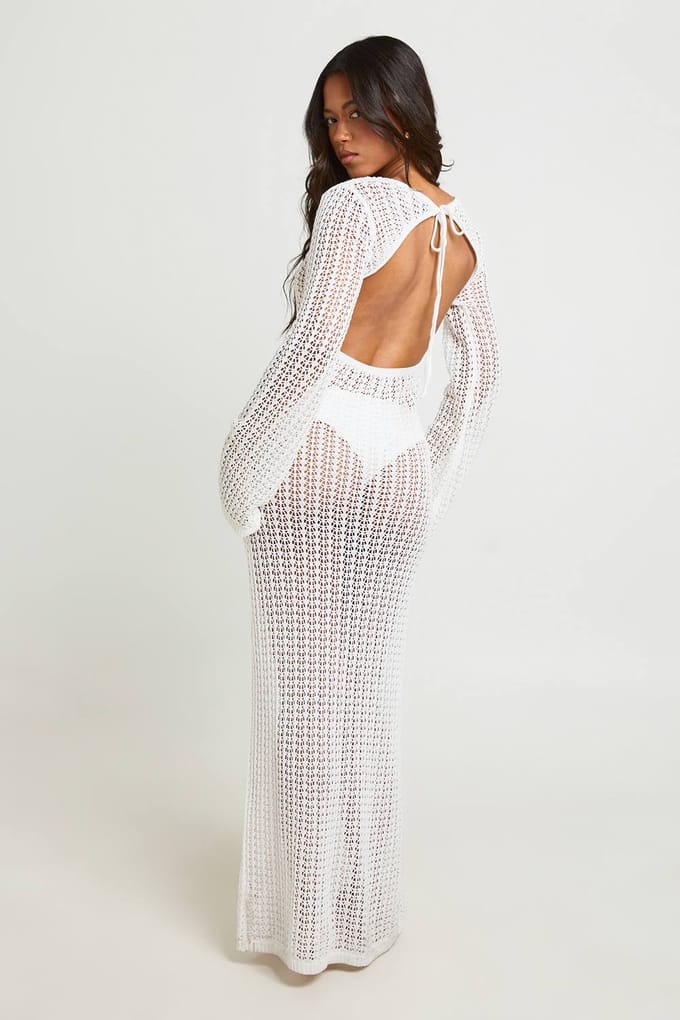 boohoo Dames Strand Gehaakte Corsage Strikrug Maxi Jurk | Ecru | Maat: Large