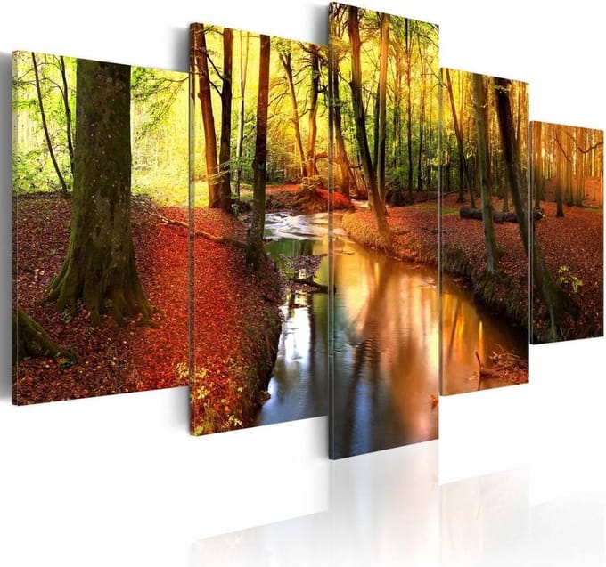Schilderij - Stilte van het bos , geel oranje , 5 luik