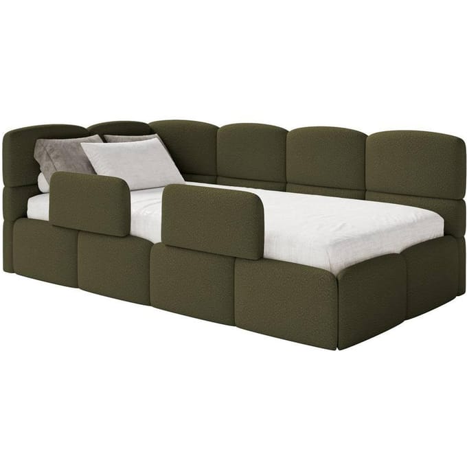 Jeugdbed Chloe links bouclé 90x200 met opbergruimte en rails | NADUVI Collection