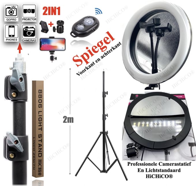 Selfie Ring Light met Spiegel en Statief 210 CM Inclusief Bluetooth shutter - Tik tok – HiCHiCO