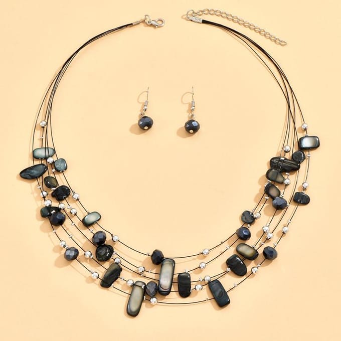 Ensemble de boucles d'oreilles et collier multicouches mixtes en coquillage de cristal, collier de perles en corde de poisson multicouche pour dames noir