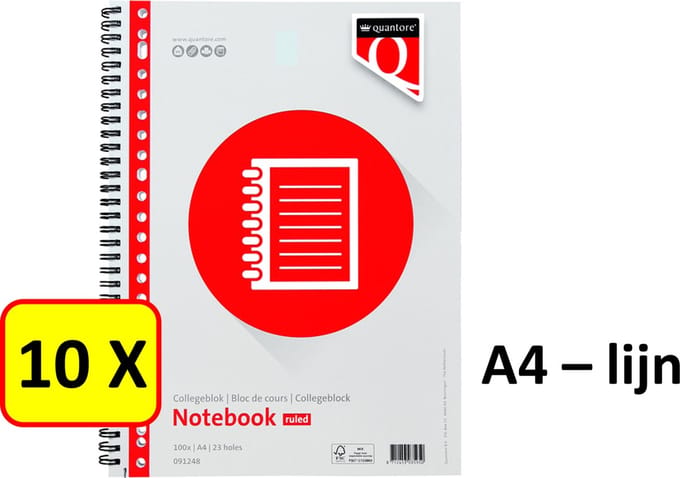 10 x Spiraalblok Quantore - A4 - Lijn - 23 gaats - 70gr - 100vel