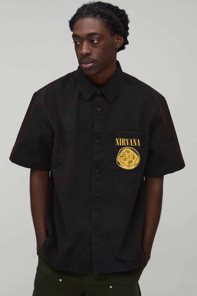 Oversized Boxy Nirvana Washed Twill Short Sleeve Shirt | Black | Size Small