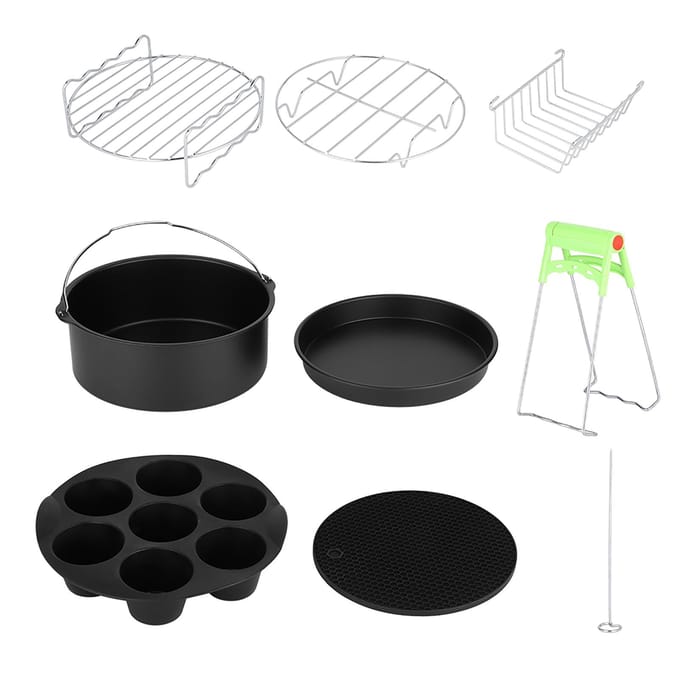 Accessoires pour friteuse à air 8 pouces, ensemble de 8 pièces, support en métal, support à brochettes, baril à gâteau blanc