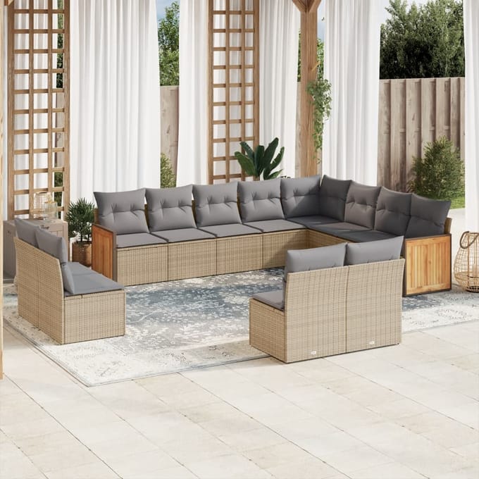 vidaXL - 12-delige - Loungeset - met - kussens - poly - rattan - beige