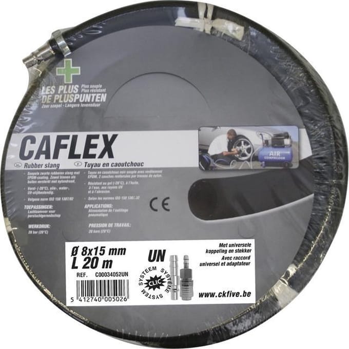 CriKo rubber persluchtslang voor compressor - 20 meter - Zeer flexibel - Ø 15 x 8 mm - Universele koppelingen - Max 20 bar