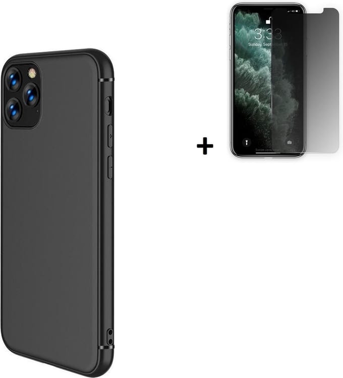 Hoesje Geschikt voor iPhone 11 Pro Max - Screenprotector iPhone 11 Pro Max - Siliconen - iPhone 11 Pro Max Hoes Zwart Case + Privacy Tempered Glass