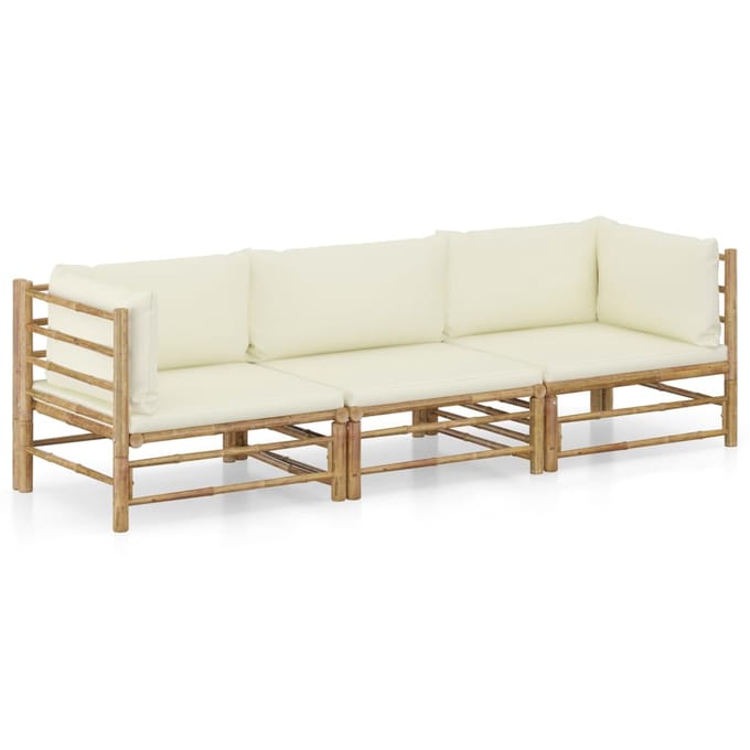 vidaXL - 3-delige - Loungeset - met - crèmewitte - kussens - bamboe